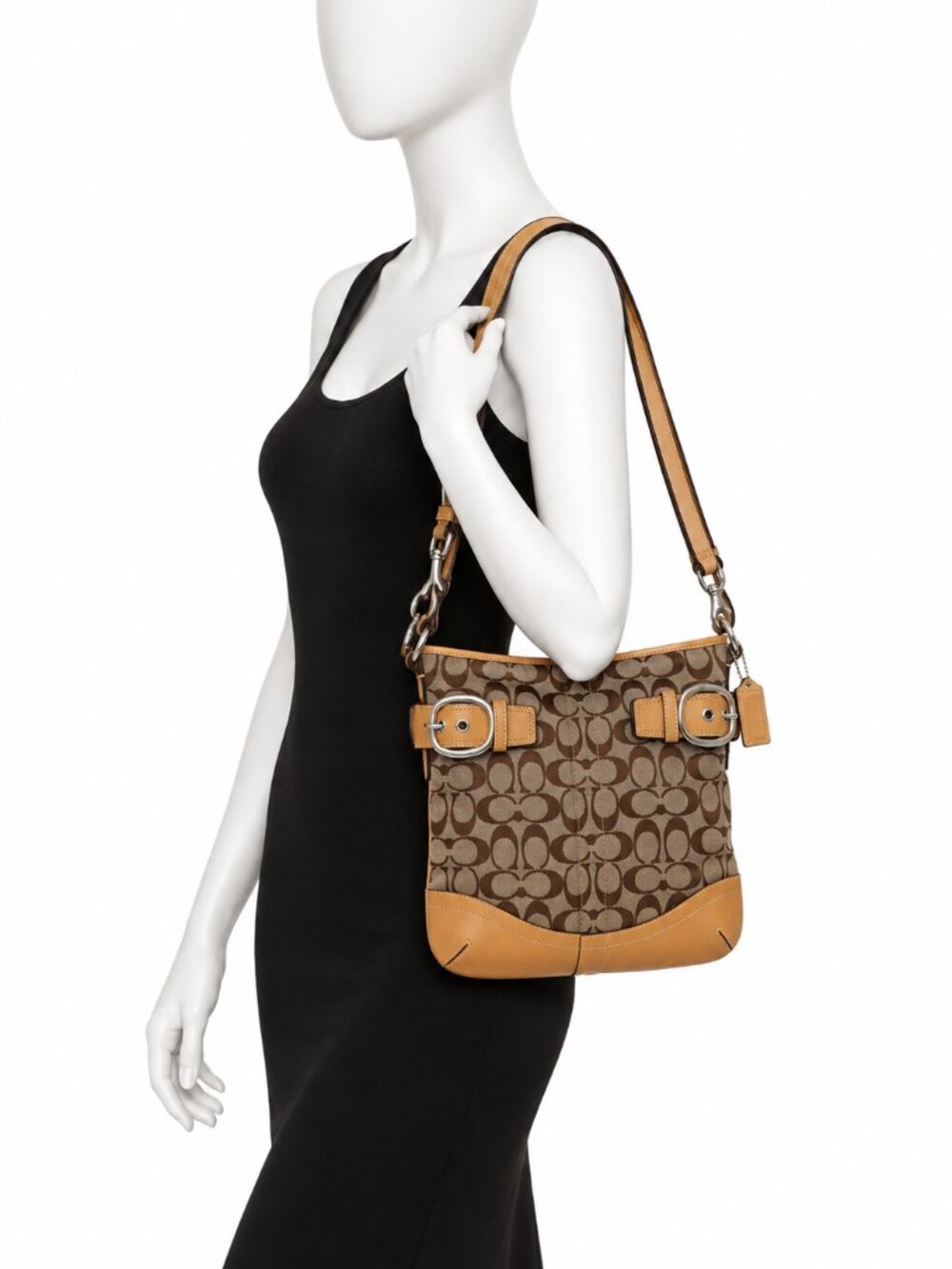 Coach Signature Canvas Leather Buckle Crossbody Shoulder Bag